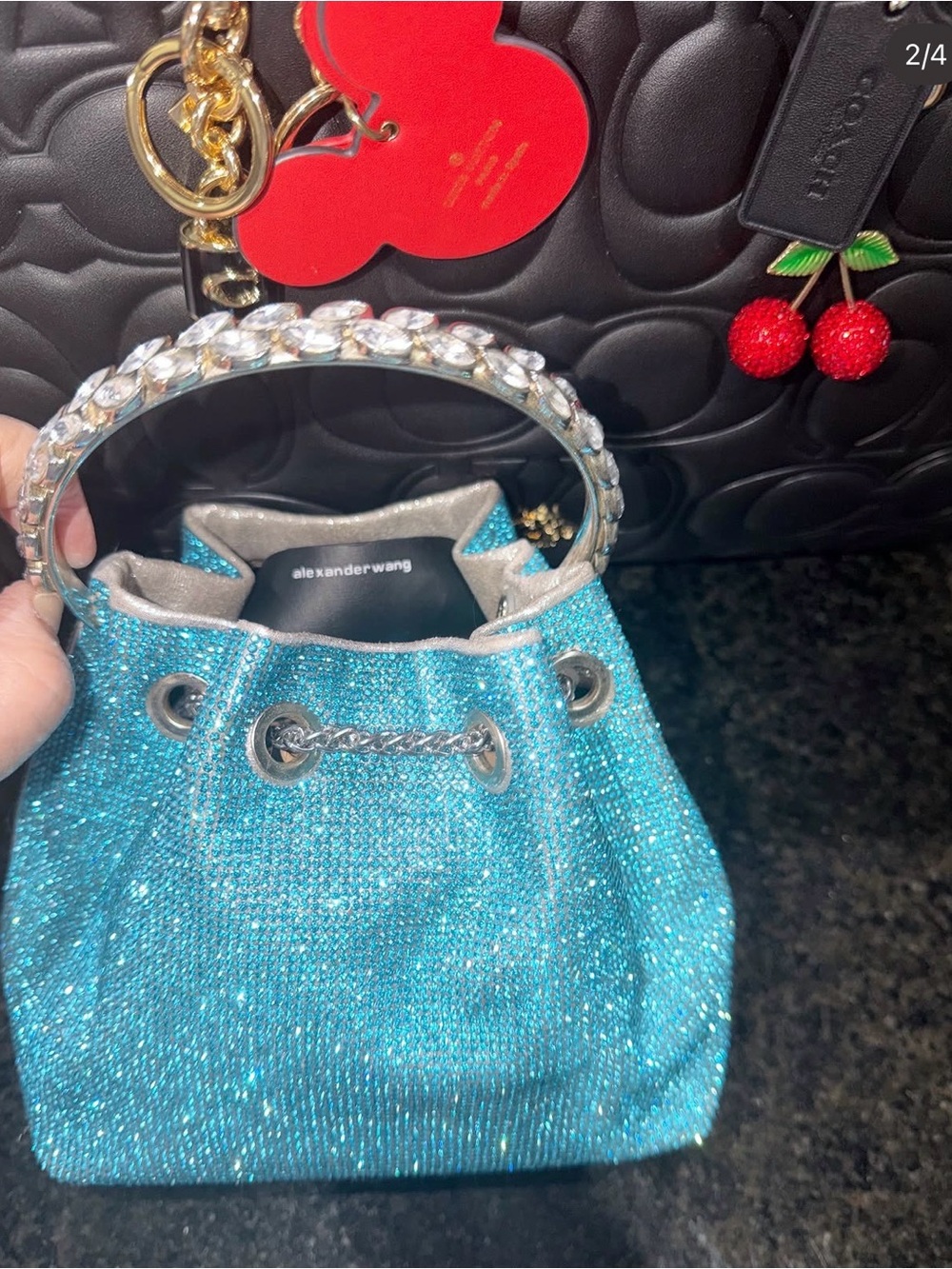 Alexander Wang Turquoise Crystal Mini Bucket Bag with Jeweled Chain